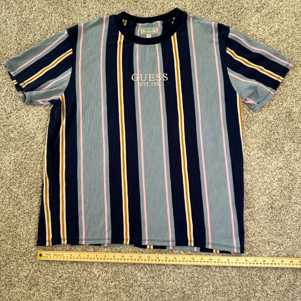 Guess Originals Mens‎ XL Striped T-Shirt Blue Pink Yellow Embroidered Logo Retro - Picture 8 of 14